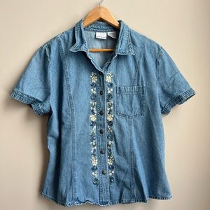Bobbie Brooks Blue Button Down Shirt with Floral Embroidery